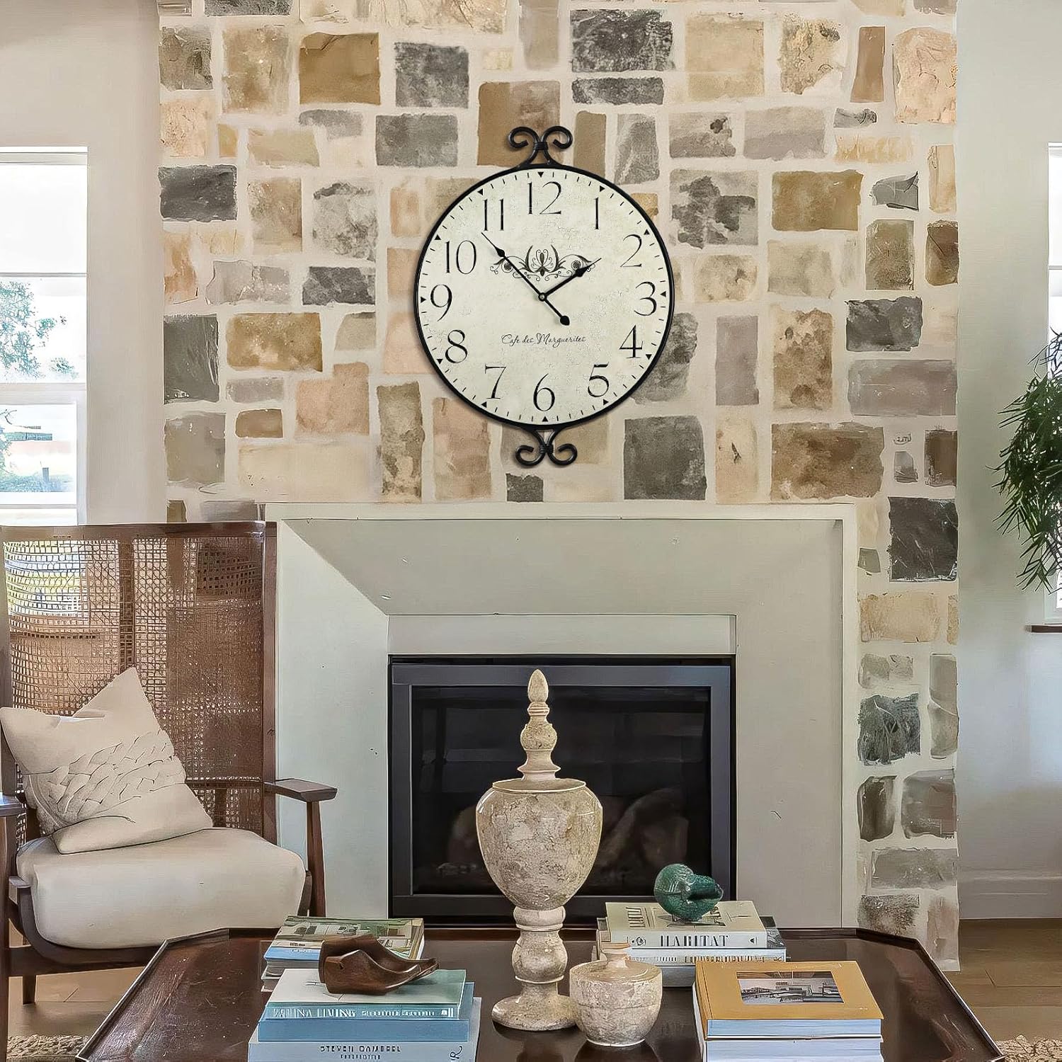 Farmhouse Wall Clock, 17H×13.4D Inch, Wrought Iron Frame with Warm Gray Finish, Vintage Wall Clock Silent Battery Operated Wall Clocks for Home Living Room Kitchen Bedroom