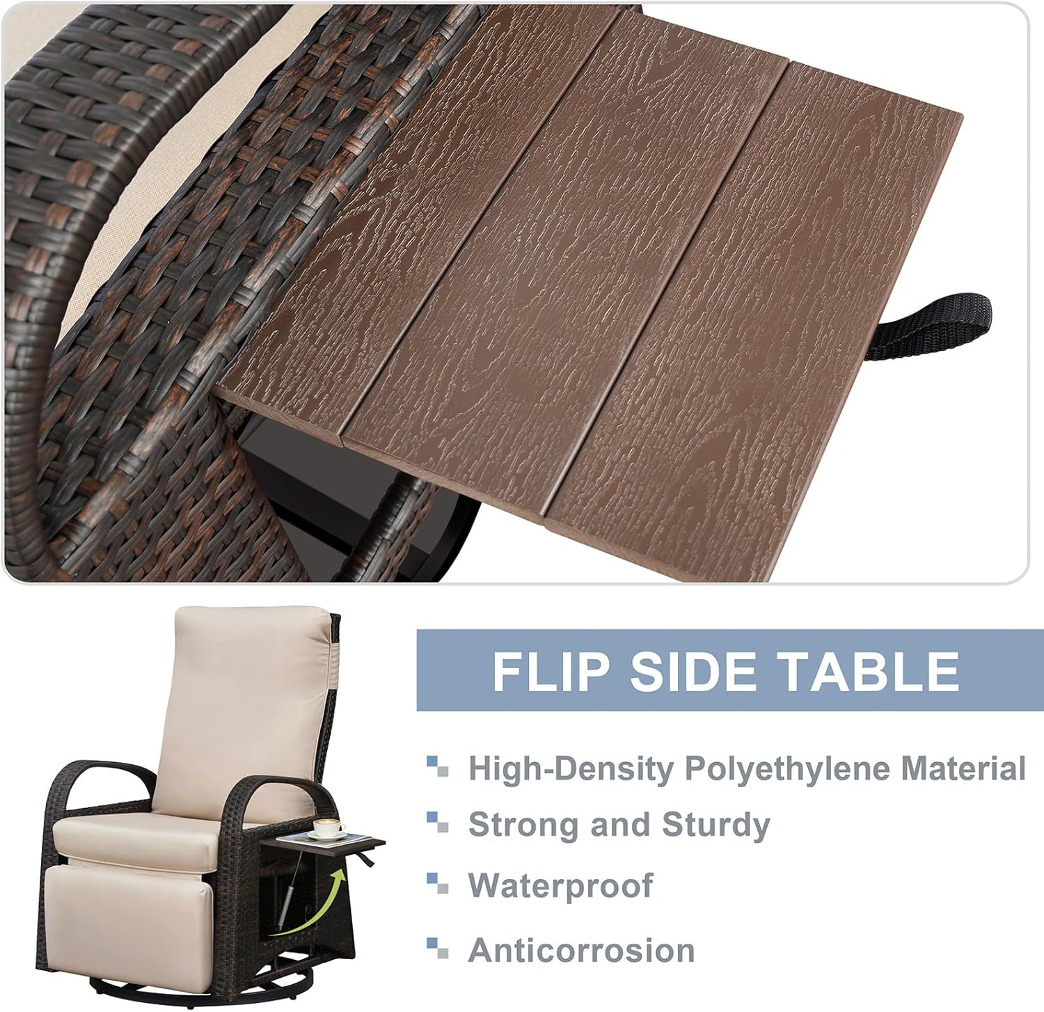 Skypatio Outdoor Patio Swivel Recliner Chair, Independently Adjustable Backrest and Footrest Patio Wicker Reclining Lounge Chair with Flip Side Table for Indoor, Balcony, Porch(Light Khaki)