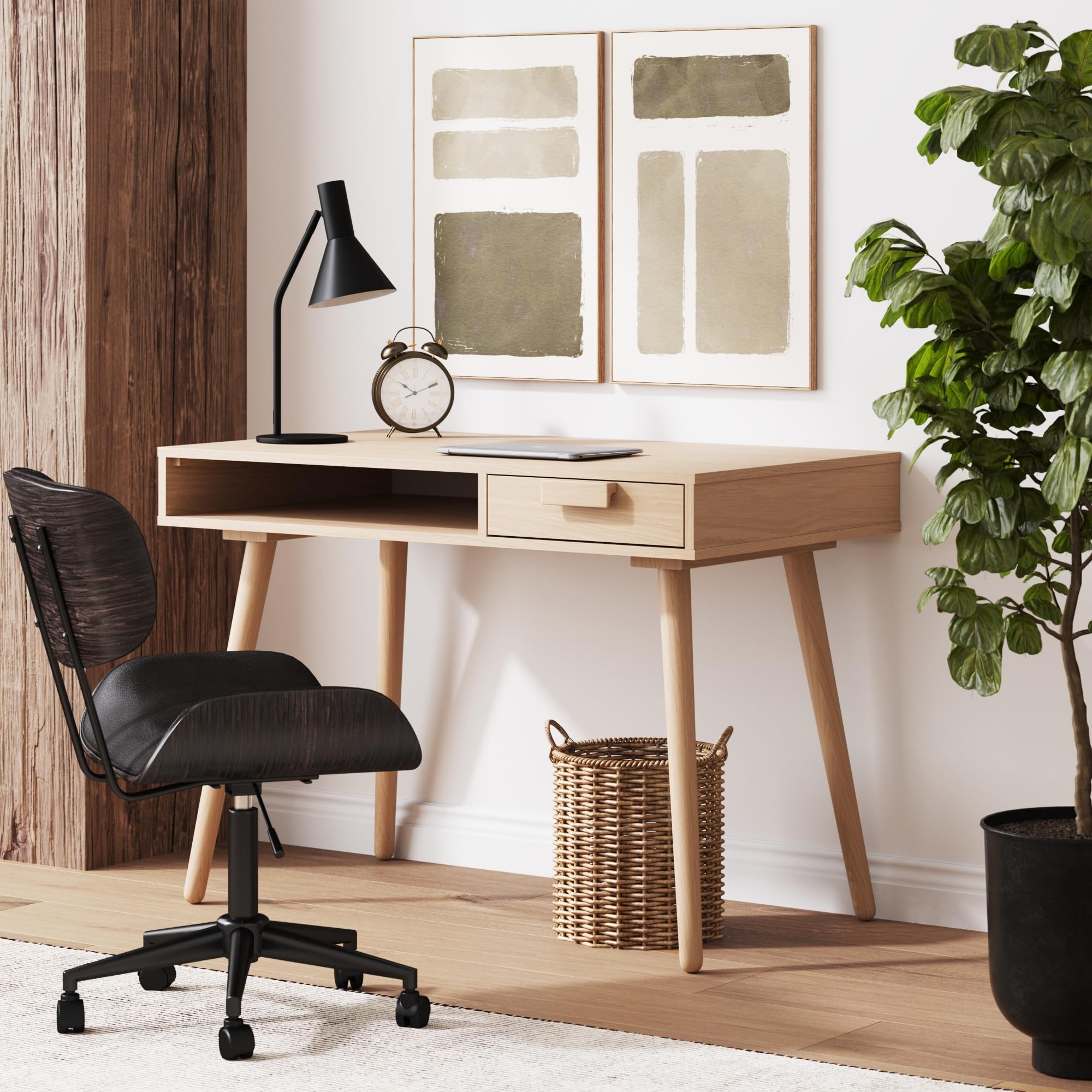 Nathan James Parker Modern Home Office Writing, Computer or Laptop Desk with Open Storage Cubby and Small Drawer, Walnut
