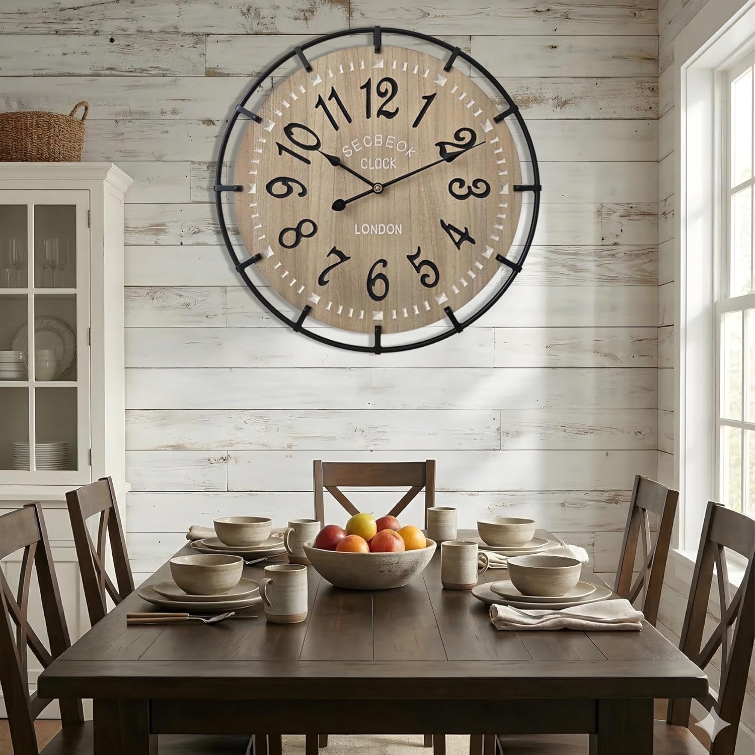 24 Inch Large Farmhouse Wall Clock, Metal Rustic Wood with Silent Quartz Movement, Easy Read Arabic Numerals, Battery Powered Round Decorative Wall Clock for Living Room Bedroom Kitchen Office