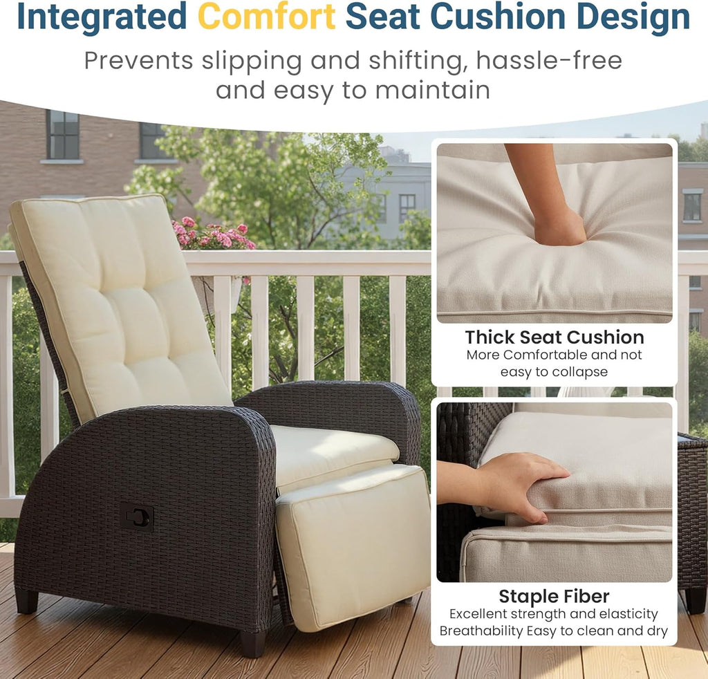 Green4ever Outdoor Patio Recliner with Adjustable Backrest and Footrest, All-Weather Wicker Patio Chair, 160° Lay Flat Patio Reclining Lounge Chair for Garden Backyard, Beige