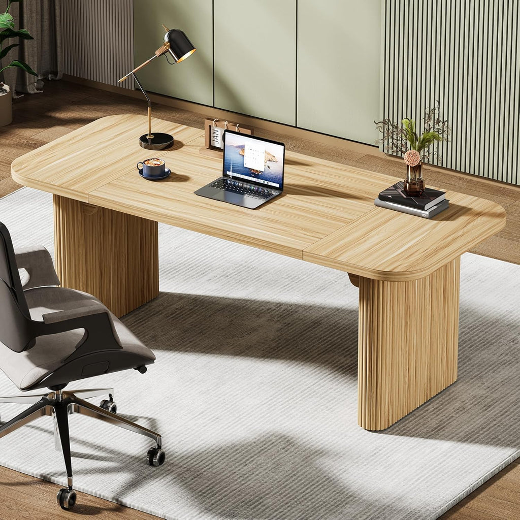 Tribesigns 62-Inch Modern Executive Desk, Wood Office Desk, Large Aesthetic Computer Desk with Double Pedestal, Workstation for Home Office (Natural Oak)