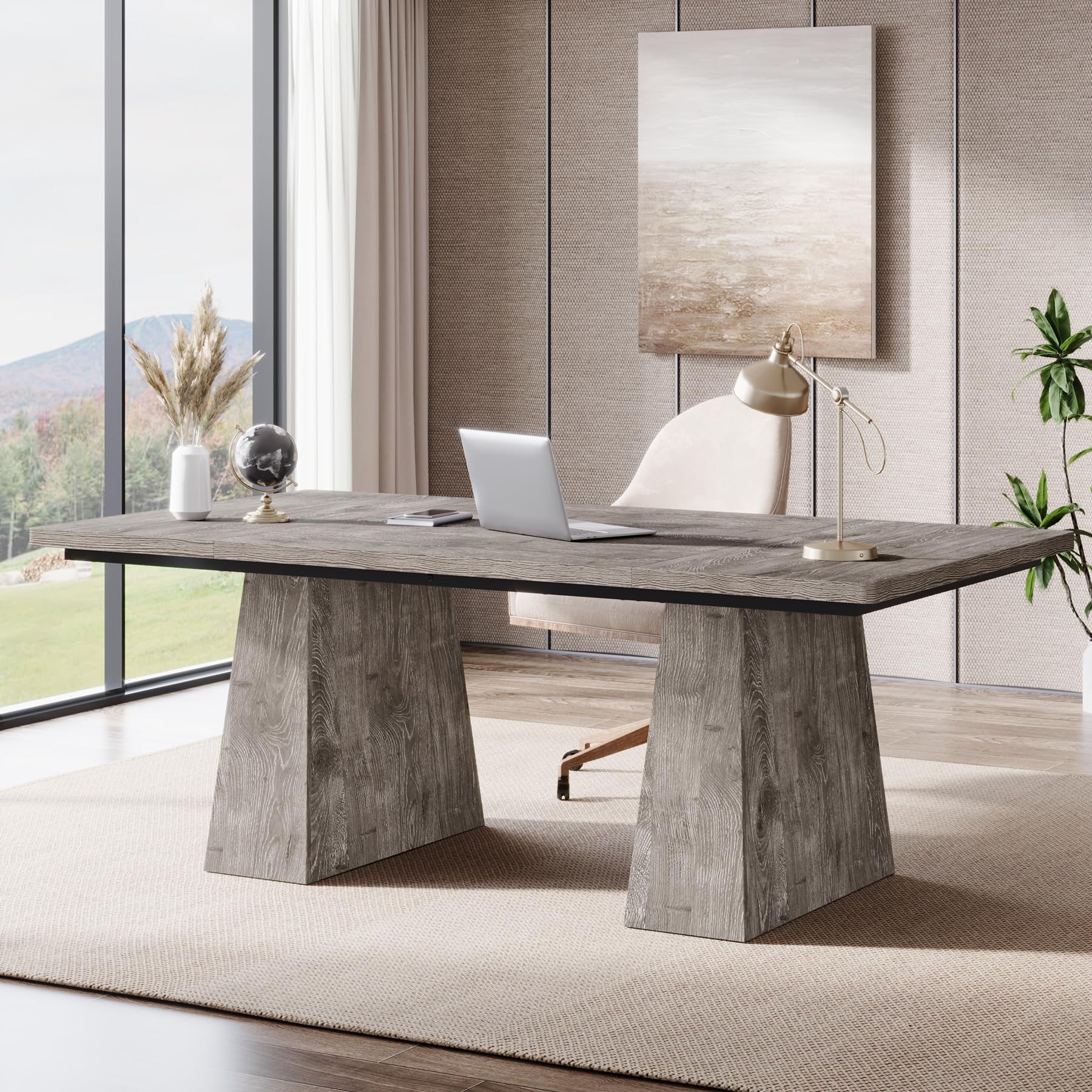 Tribesigns 63-Inch Executive Desk, Large Office Computer Desk with Double Pedestal, Modern Simple Workstations Writing Table Conference Table Business Furniture for Home Office, Natural