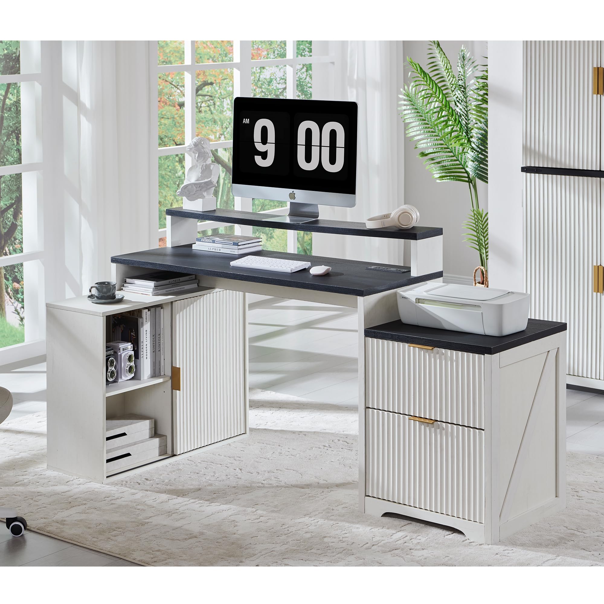JXQTLINGMU 60" Modern Executive Desk with Storage, Wood Home Office Desk with Drawer & Cabinet, Fluted Computer Writing Desk for Study, Living Room, Bedroom, Oak