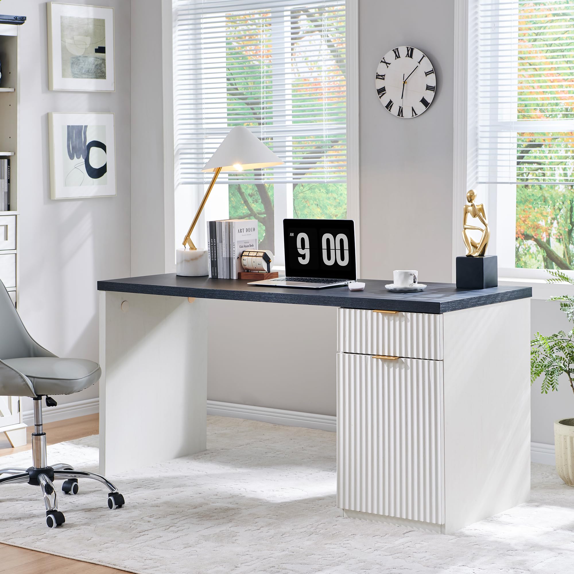 JXQTLINGMU 60" Modern Executive Desk with Storage, Wood Home Office Desk with Drawer & Cabinet, Fluted Computer Writing Desk for Study, Living Room, Bedroom, Oak