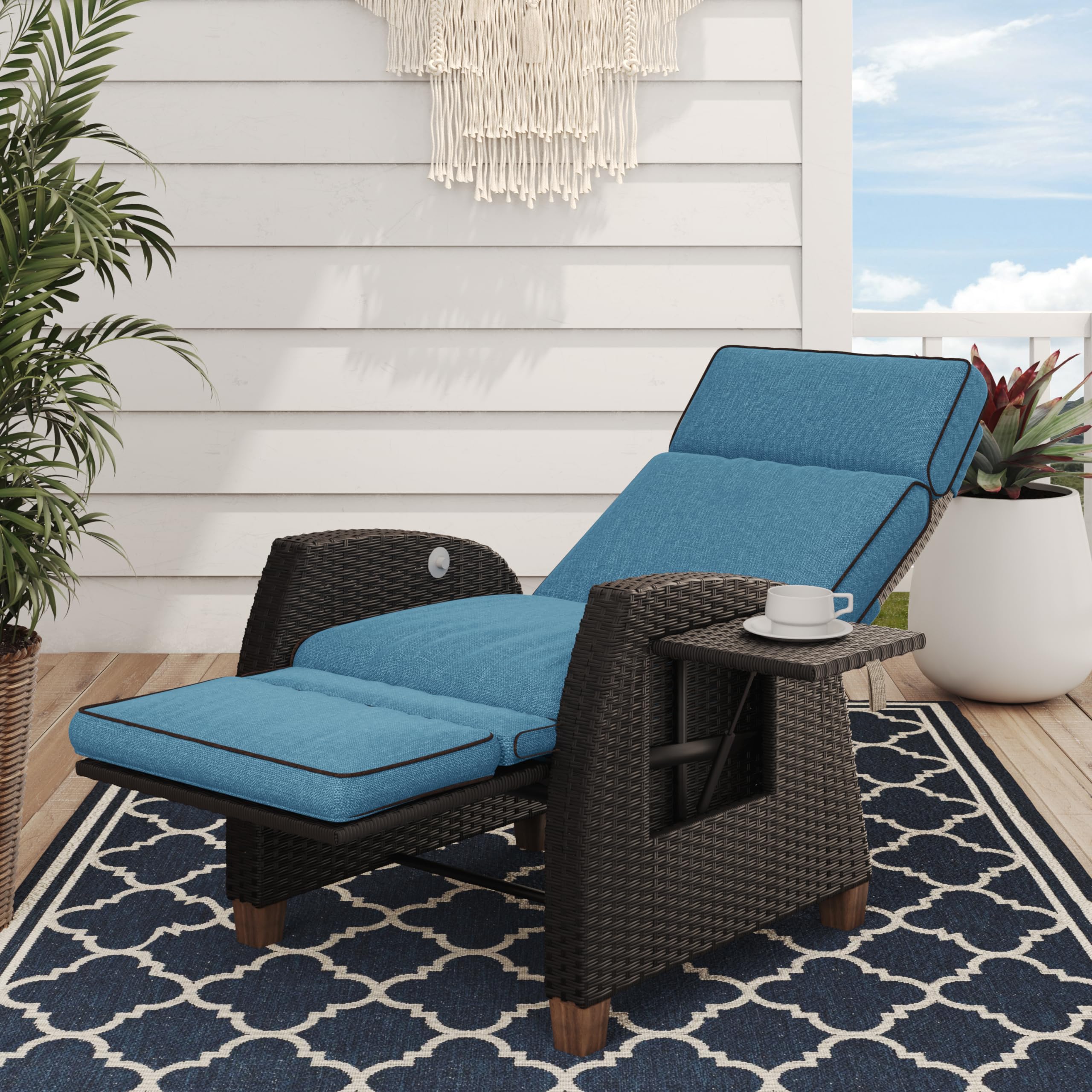 Grand patio Indoor & Outdoor Recliner Chair PE Wicker Patio Recliner with Flip Table Reclining Lounge Chair, Mist Grey