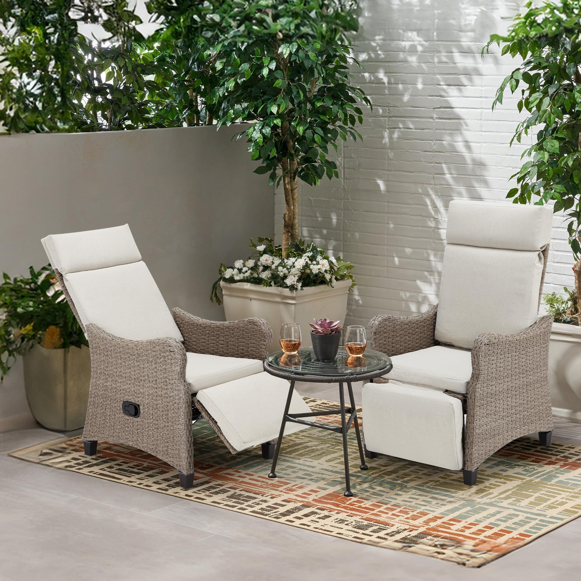 HOMREST Outdoor Recliner Chair, Wicker Reclining Chair for Patio with Adjustable Backrest up to 150°, Rattan Armchair with Integrated Footrest & Removable Cushion for Garden, Light Gray