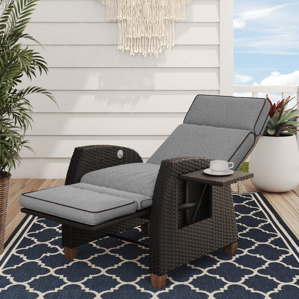 Grand patio Indoor & Outdoor Recliner Chair PE Wicker Patio Recliner with Flip Table Reclining Lounge Chair, Mist Grey