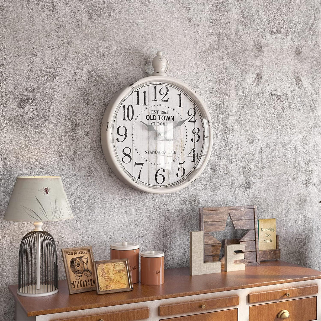 Menterry Retro Round Wall Clock. White Vintage Antique Style. Battery Operated Silent Wall Clocks for Farmhouse,Bathroom,Kitchen,Bedroom,Office, (11.8" H x 9.3" W)
