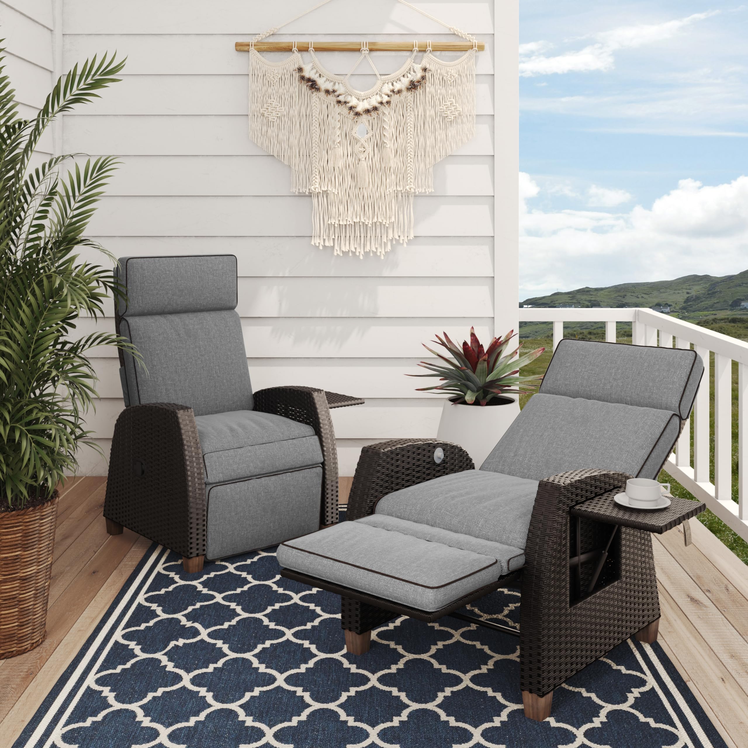 Grand patio Indoor & Outdoor Recliner Chair PE Wicker Patio Recliner with Flip Table Reclining Lounge Chair, Mist Grey