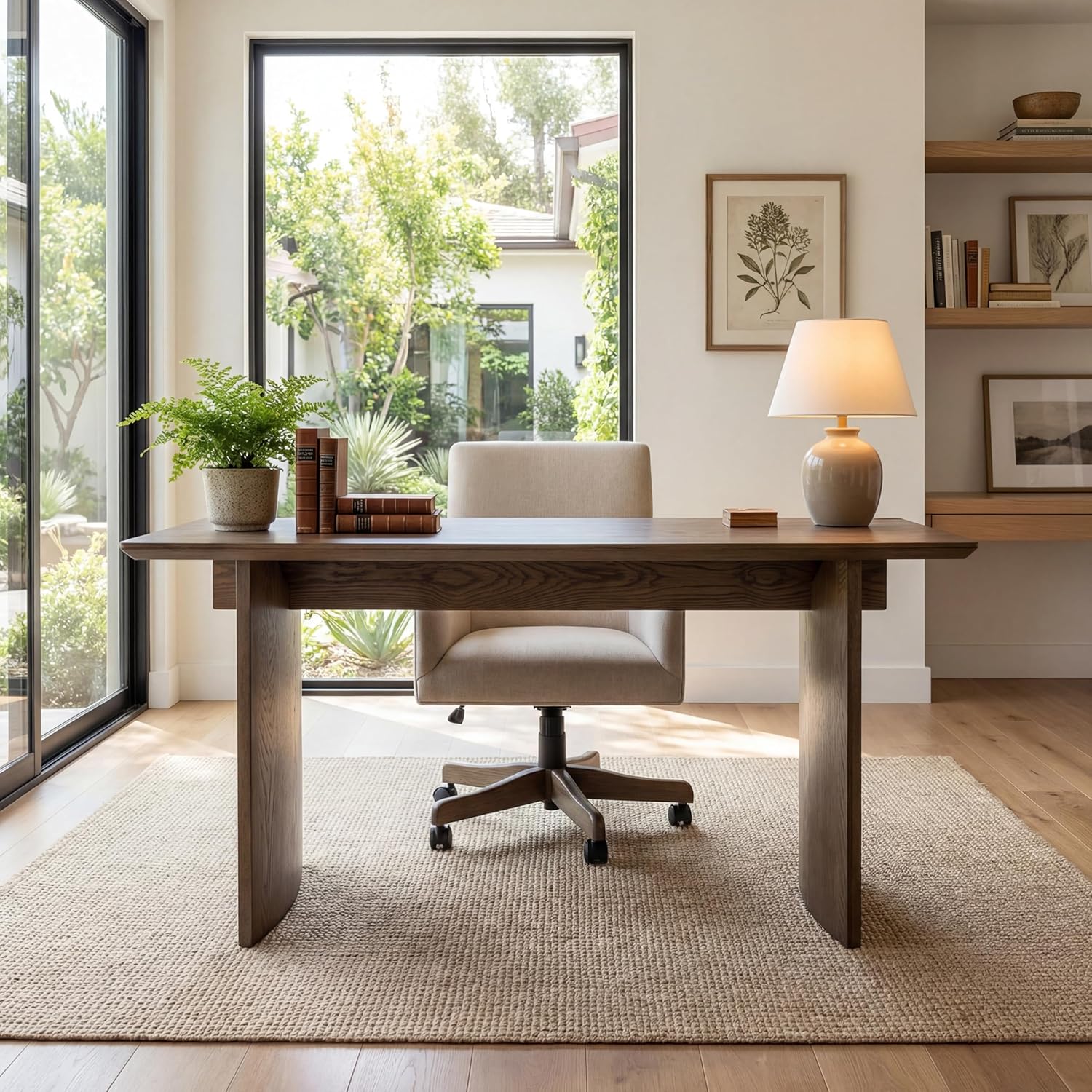 HNY 55" Modern Minimalist Desk Spacious Home Office Desk with Sturdy Two-Pedestal Design Natural Walnut Finish for Work, Study & Gaming