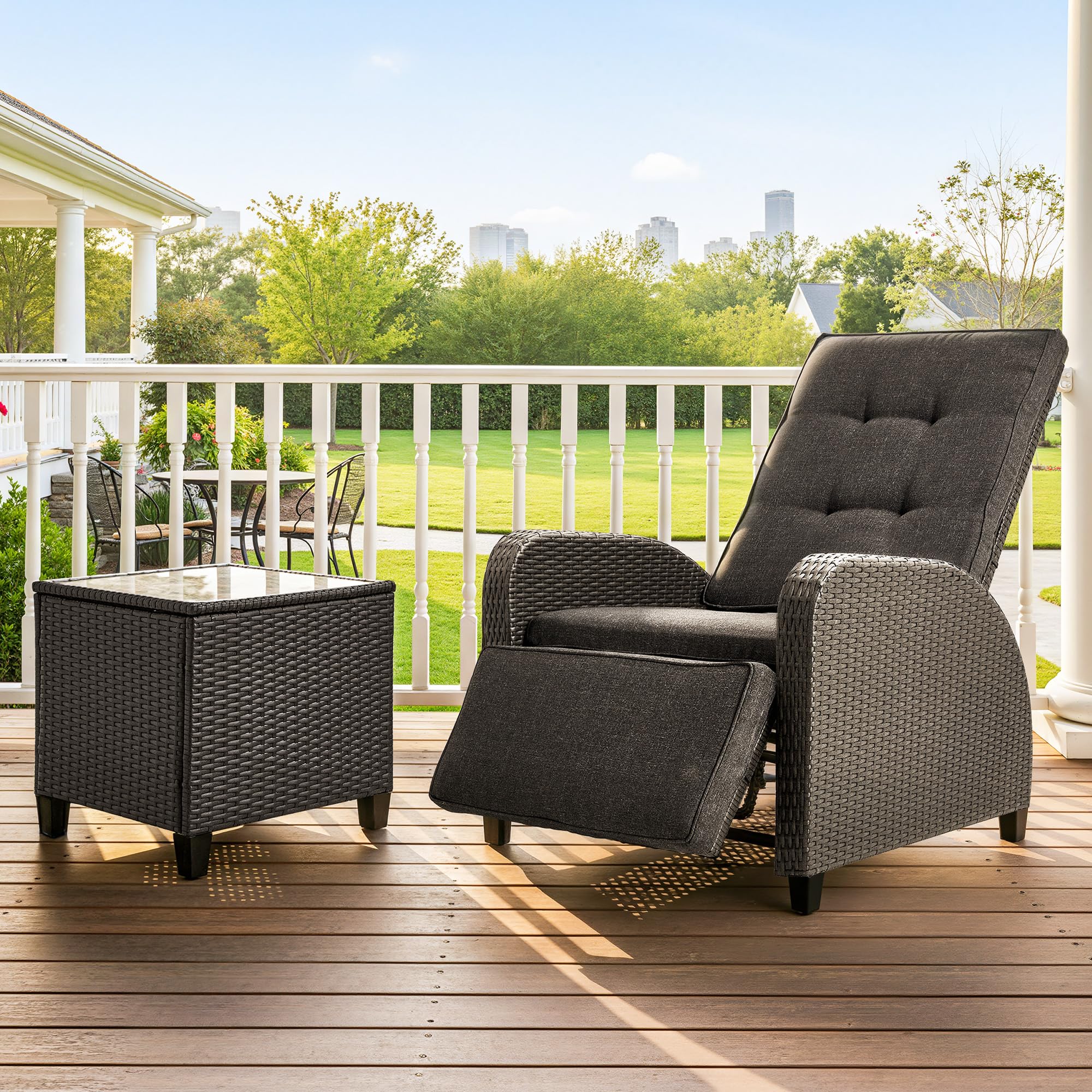 Green4ever Outdoor Patio Recliner with Adjustable Backrest and Footrest, All-Weather Wicker Patio Chair, 160° Lay Flat Patio Reclining Lounge Chair for Garden Backyard, Beige