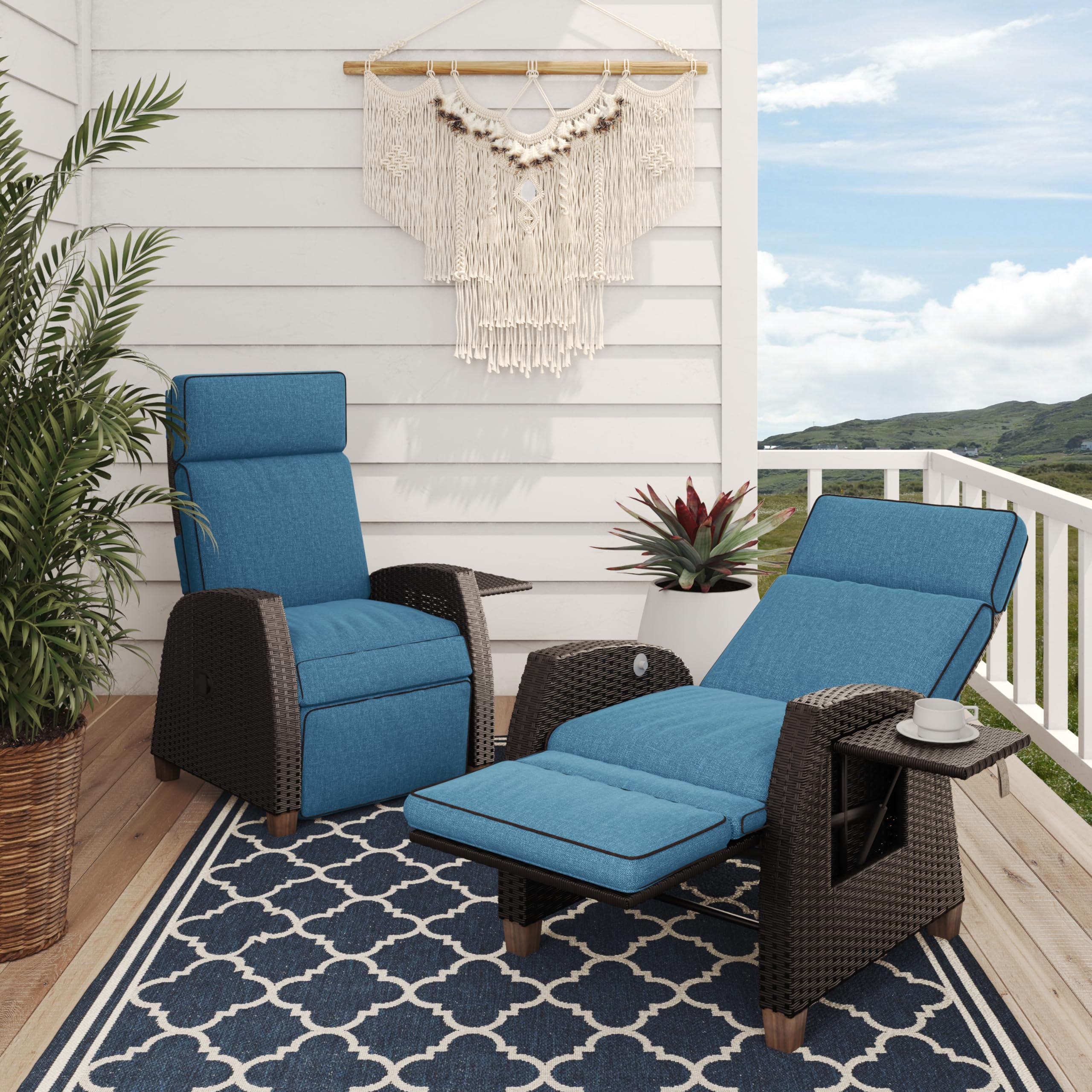Grand patio Indoor & Outdoor Recliner Chair PE Wicker Patio Recliner with Flip Table Reclining Lounge Chair, Mist Grey