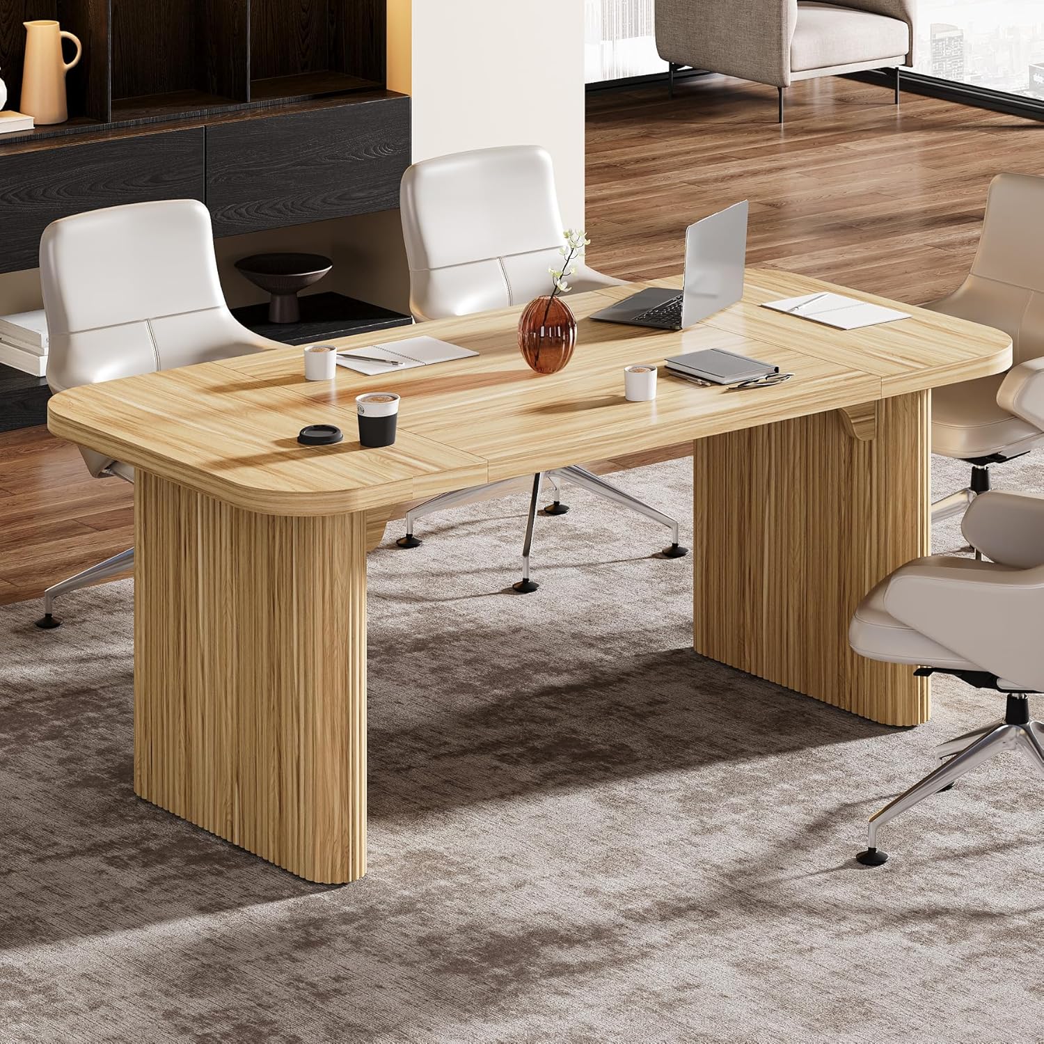 Tribesigns 62-Inch Modern Executive Desk, Wood Office Desk, Large Aesthetic Computer Desk with Double Pedestal, Workstation for Home Office (Natural Oak)