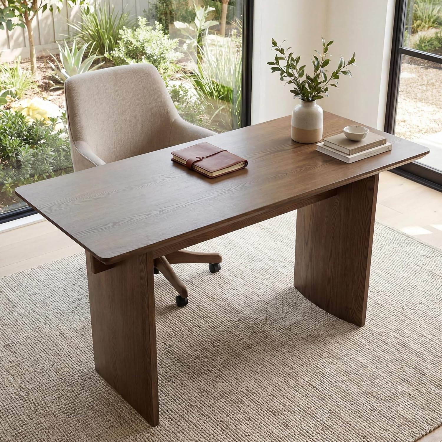 HNY 55" Modern Minimalist Desk Spacious Home Office Desk with Sturdy Two-Pedestal Design Natural Walnut Finish for Work, Study & Gaming