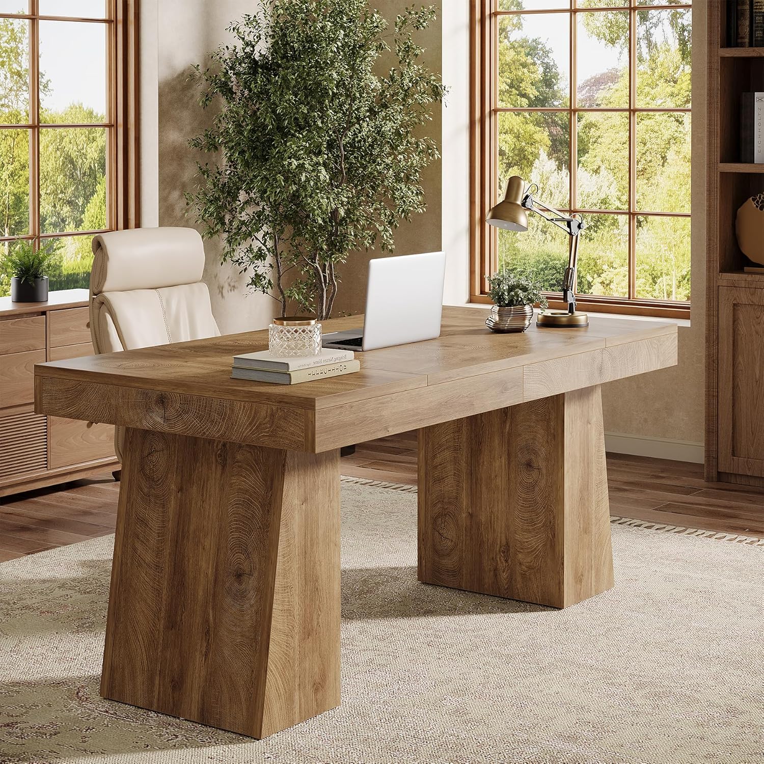 Tribesigns 55" Executive Desk, Wooden Office Desk with Double Pedestal, Modern Simple Computer Writing Table for Home Office, Light Brown