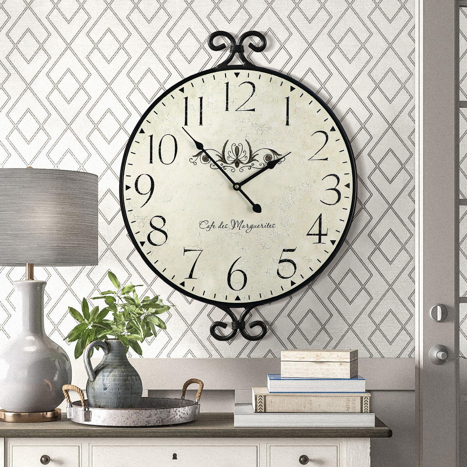 Farmhouse Wall Clock, 17H×13.4D Inch, Wrought Iron Frame with Warm Gray Finish, Vintage Wall Clock Silent Battery Operated Wall Clocks for Home Living Room Kitchen Bedroom