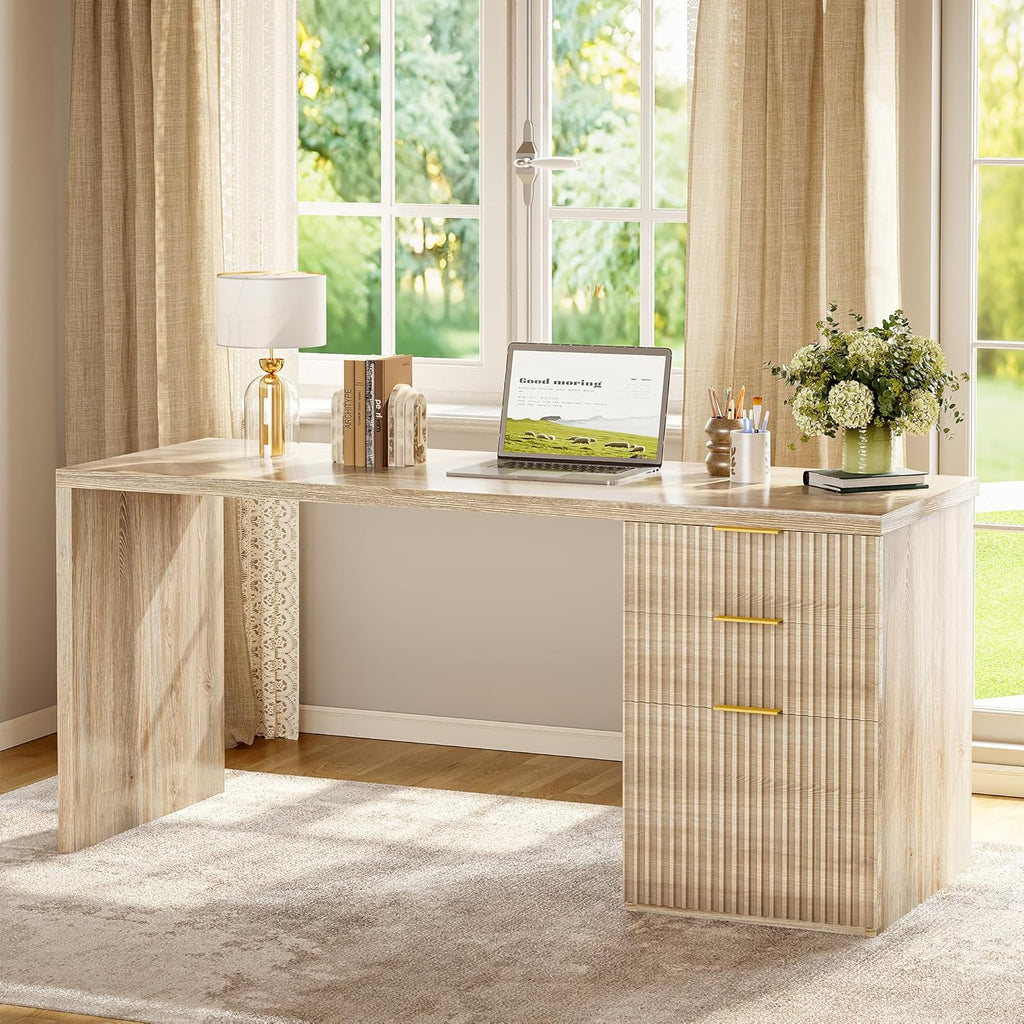 TIQLAB 55” Executive Office Desk with Drawers, Modern Wood Executive Desk with Storage, One-Piece Fluted Computer Writing Desk for Home Office, Study, Living Room, Bedroom, Maple