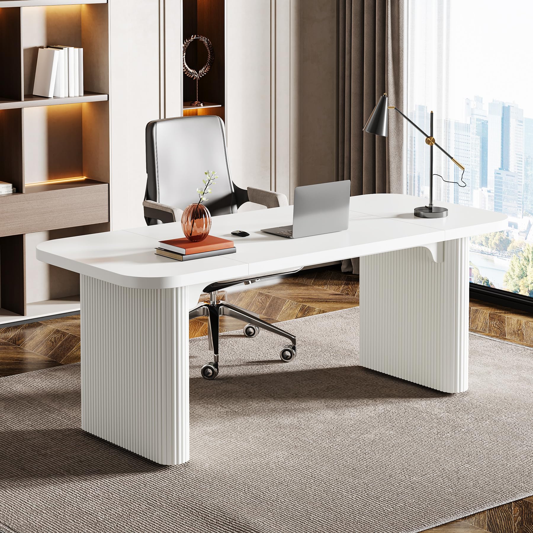 Tribesigns 62-Inch Modern Executive Desk, Wood Office Desk, Large Aesthetic Computer Desk with Double Pedestal, Workstation for Home Office (Natural Oak)