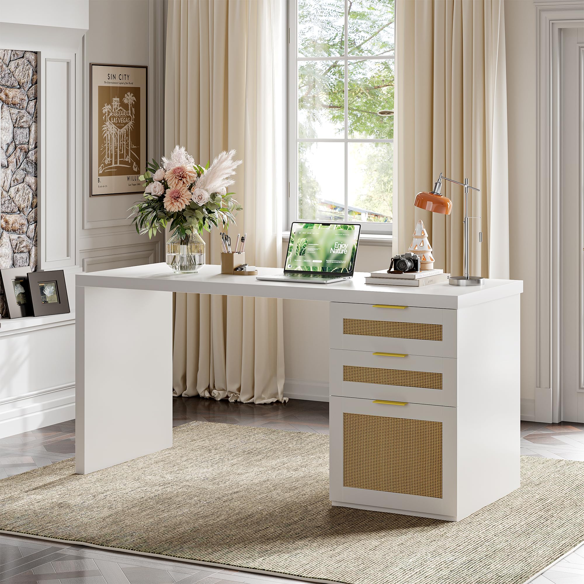 TIQLAB 55” Executive Office Desk with Drawers, Modern Wood Executive Desk with Storage, One-Piece Fluted Computer Writing Desk for Home Office, Study, Living Room, Bedroom, Maple