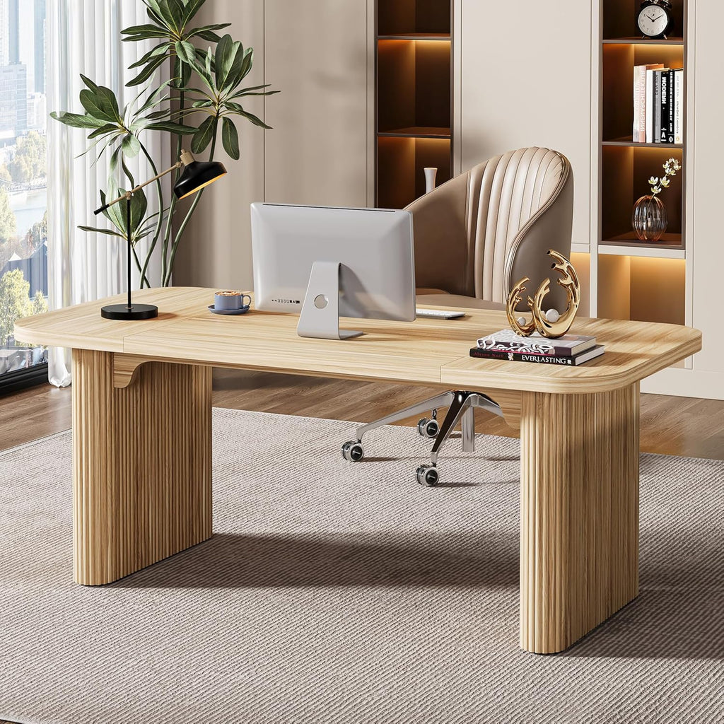 Tribesigns 62-Inch Modern Executive Desk, Wood Office Desk, Large Aesthetic Computer Desk with Double Pedestal, Workstation for Home Office (Natural Oak)