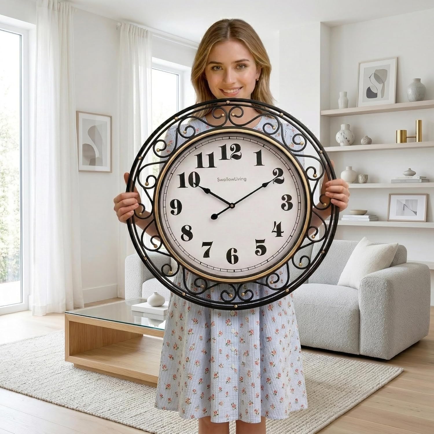 SwallowLiving 24 Inch Vintage Iron Metal Frame Wall Clock Silent, Battery Operated, Elegant Retro Decor for Living Room, Kitchen, Office, Dining Room, and Bedroom