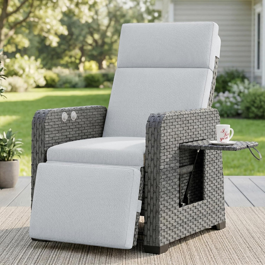 Restland Outdoor Recliner with Independent Adjustable Back & Footrest Wicker Patio Reclining Chair with Flip Table Comfortable Lounge Chair & Thick Cushion for Deck, Porch (Grey)