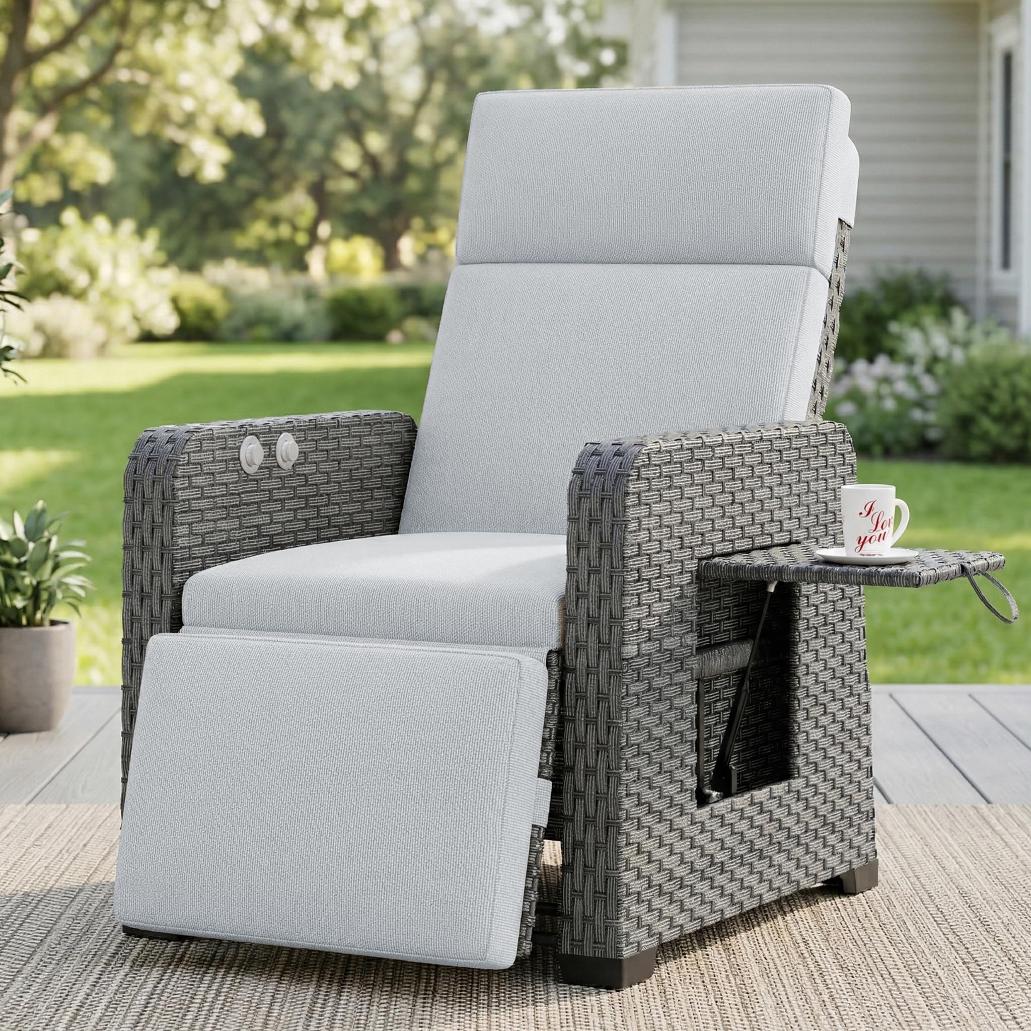 Restland Outdoor Recliner with Independent Adjustable Back & Footrest Wicker Patio Reclining Chair with Flip Table Comfortable Lounge Chair & Thick Cushion for Deck, Porch (Grey)