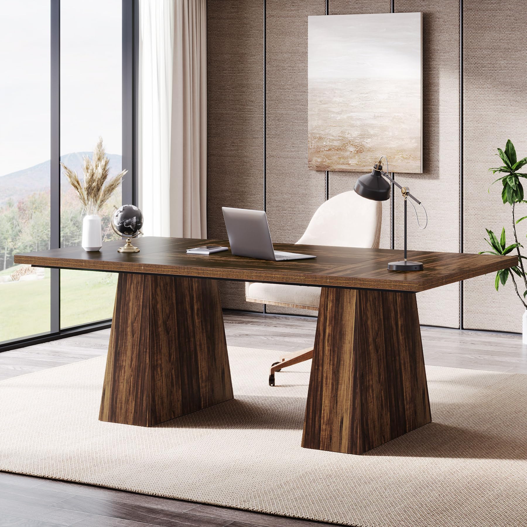 Tribesigns 63-Inch Executive Desk, Large Office Computer Desk with Double Pedestal, Modern Simple Workstations Writing Table Conference Table Business Furniture for Home Office, Natural