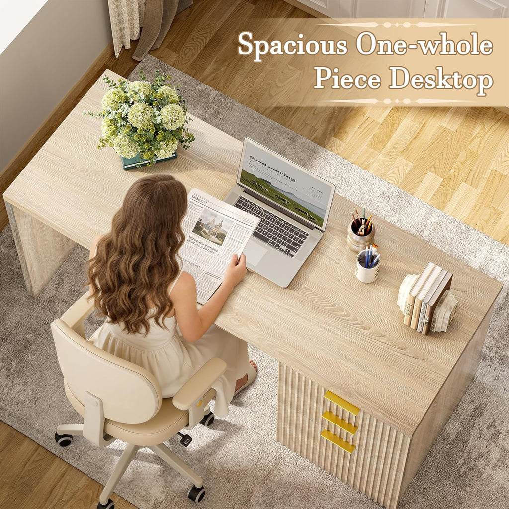 TIQLAB 55” Executive Office Desk with Drawers, Modern Wood Executive Desk with Storage, One-Piece Fluted Computer Writing Desk for Home Office, Study, Living Room, Bedroom, Maple