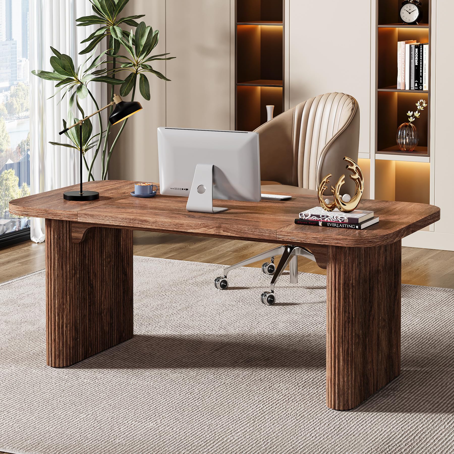 Tribesigns 62-Inch Modern Executive Desk, Wood Office Desk, Large Aesthetic Computer Desk with Double Pedestal, Workstation for Home Office (Natural Oak)