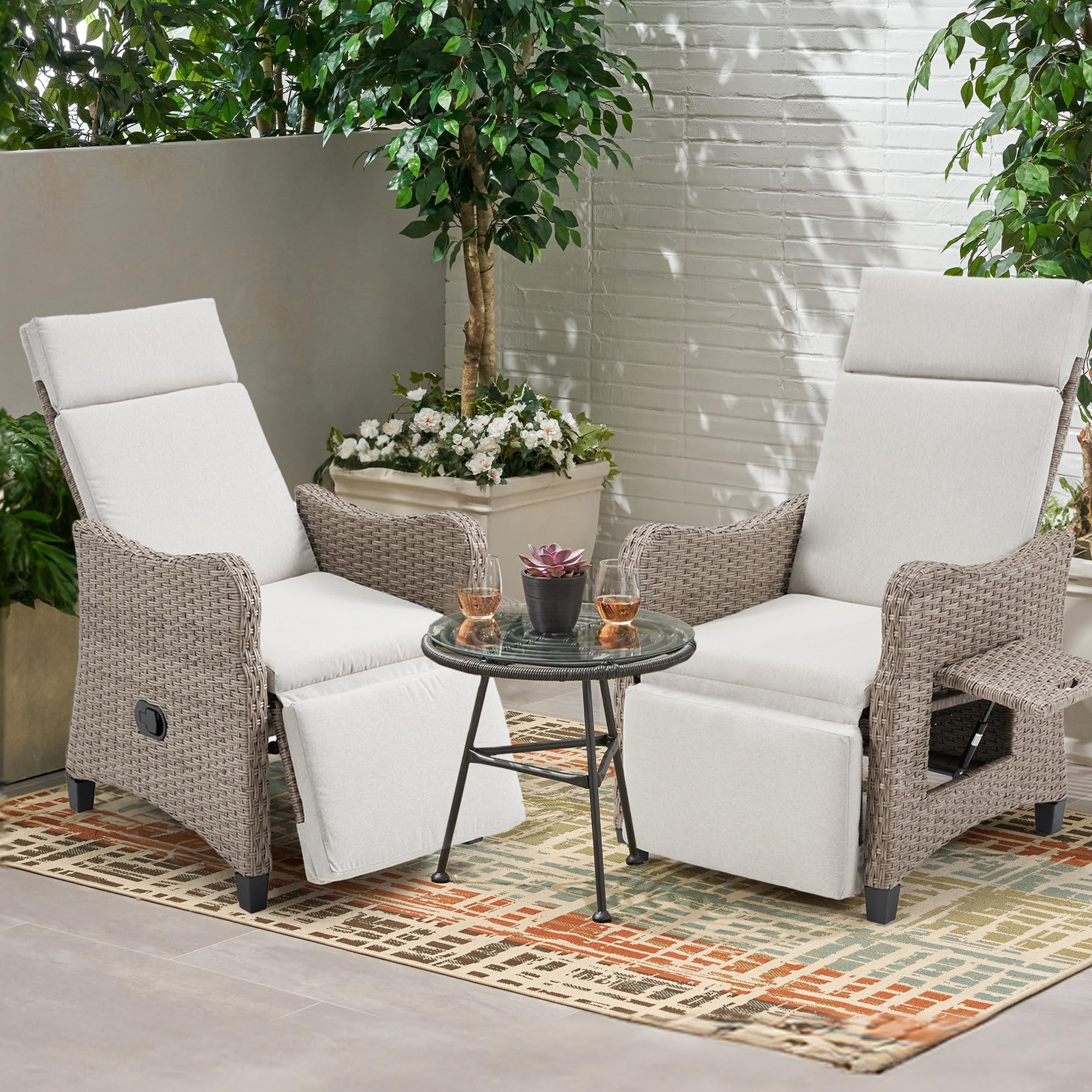 HOMREST Outdoor Recliner Chair, Wicker Reclining Chair for Patio with Adjustable Backrest up to 150°, Rattan Armchair with Integrated Footrest & Removable Cushion for Garden, Light Gray