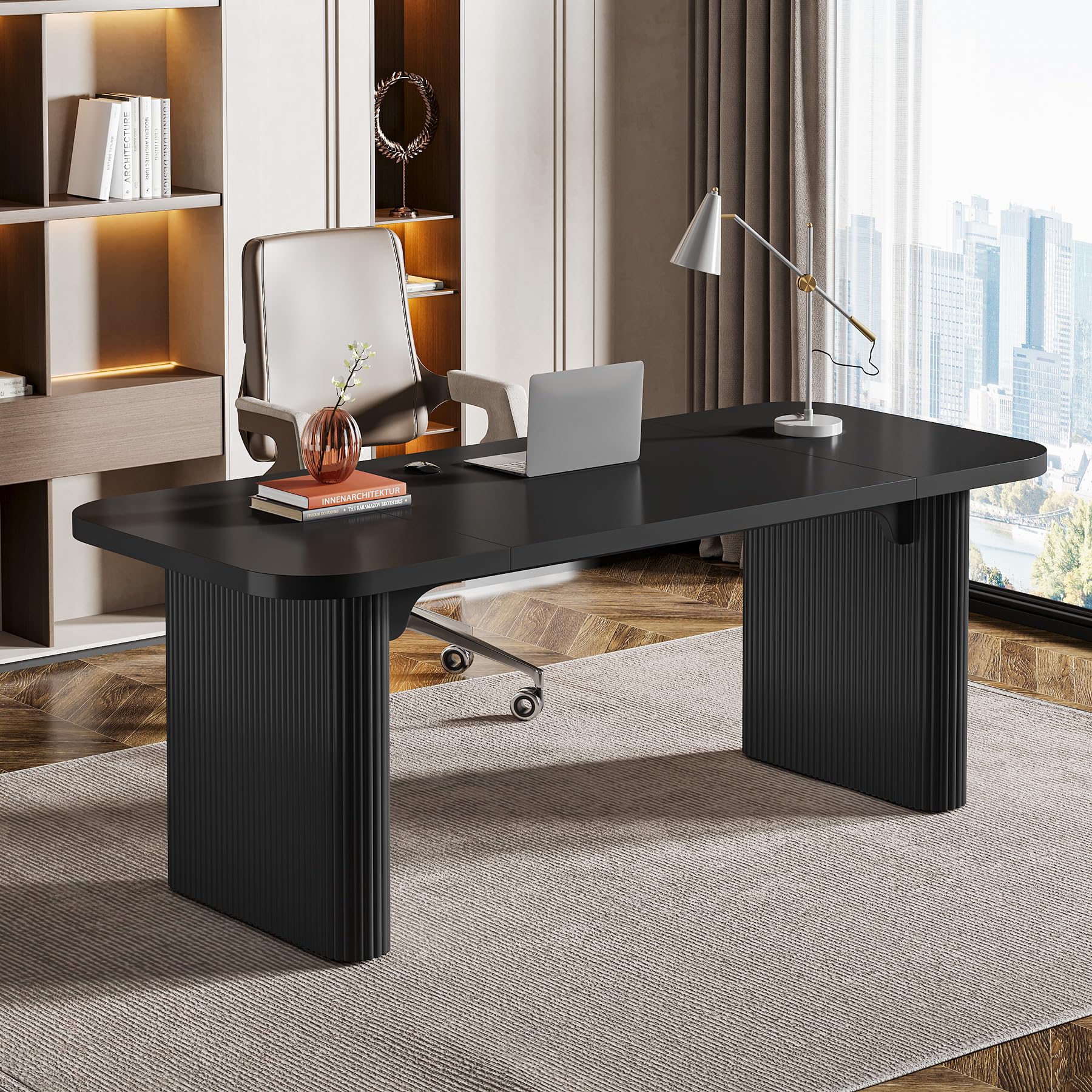 Tribesigns 62-Inch Modern Executive Desk, Wood Office Desk, Large Aesthetic Computer Desk with Double Pedestal, Workstation for Home Office (Natural Oak)