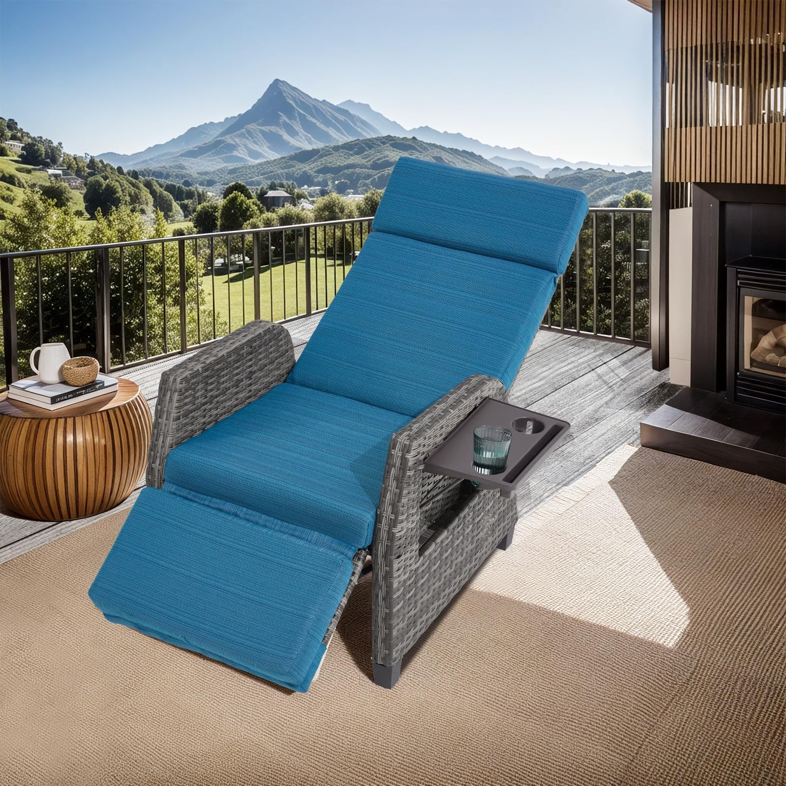 Outdoor Patio Recliner Chair, 180° Flat Recliner with Flip Table & Adjustable Backrest, Rattan Reclining Lounge Chair, Wicker Balcony Recliner, Blue