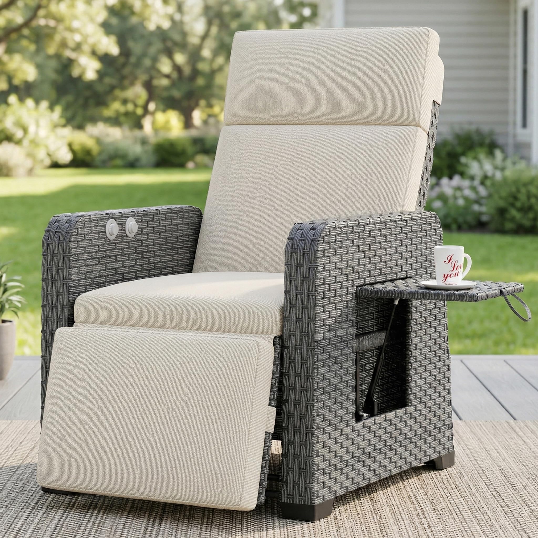 Restland Outdoor Recliner with Independent Adjustable Back & Footrest Wicker Patio Reclining Chair with Flip Table Comfortable Lounge Chair & Thick Cushion for Deck, Porch (Grey)